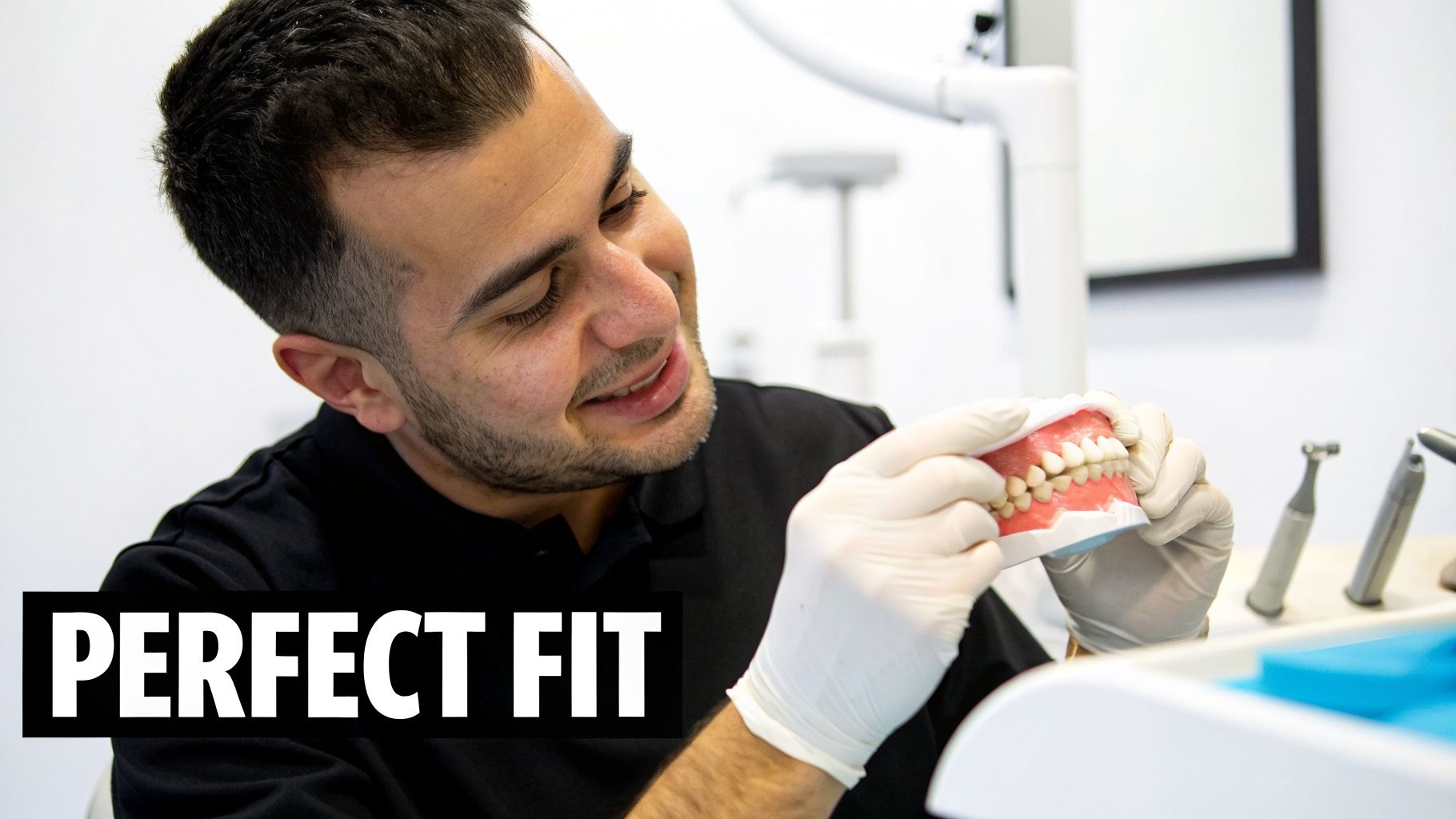 Seven Oaks - Dentistry & Sleep Medicine | Jaw Pain from Mouth Guard? Your Wesley Chapel Dentist Explains A smiling male dentist in white gloves examines a dental jaw model with teeth in a bright clinic.