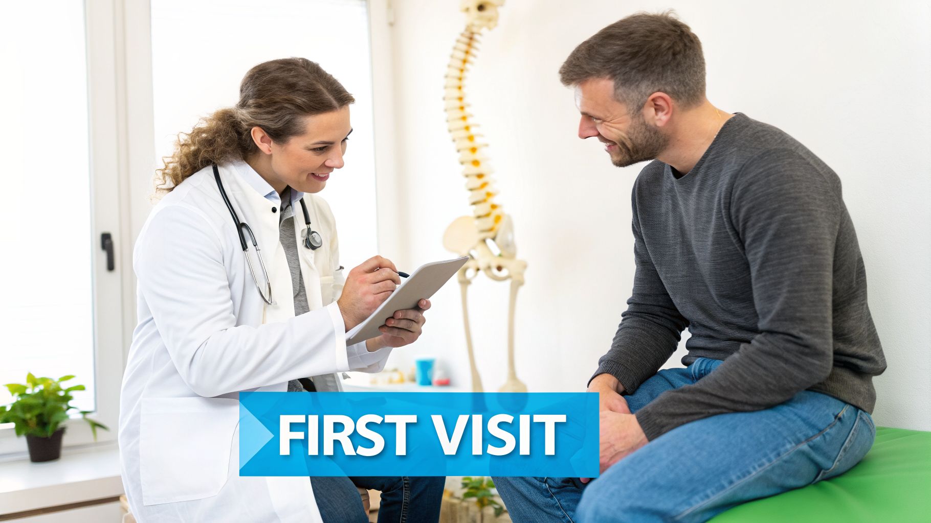 A smiling female chiropractor consults a male patient in a clinic, with a spine model visible.