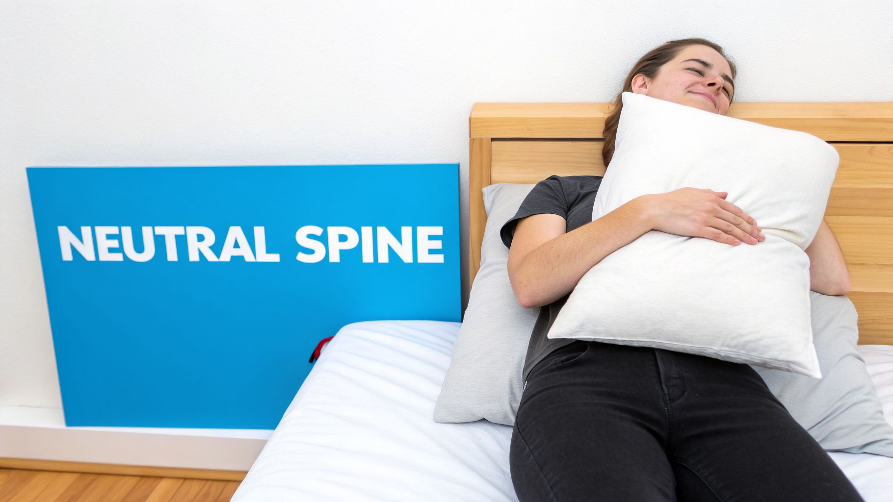 A person lies comfortably in bed, hugging a white pillow, with a blue 'NEUTRAL SPINE' sign in the background.