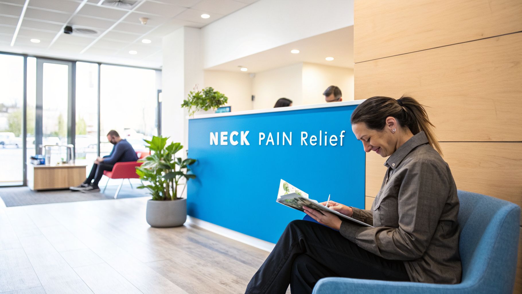 A smiling woman completes paperwork in a modern clinic waiting room with 'NECK PAIN Relief' signage.
