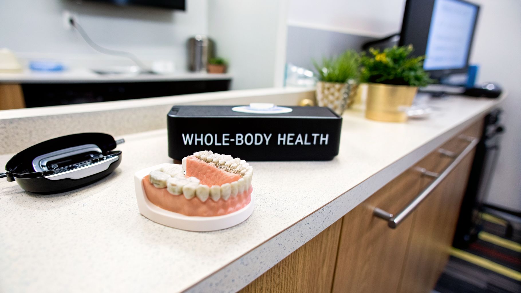 Seven Oaks - Dentistry & Sleep Medicine | Finding Private Practice Dental Offices Near Me in Wesley Chapel, FL A close-up of a dental office counter with a teeth model and an intraoral scanner.