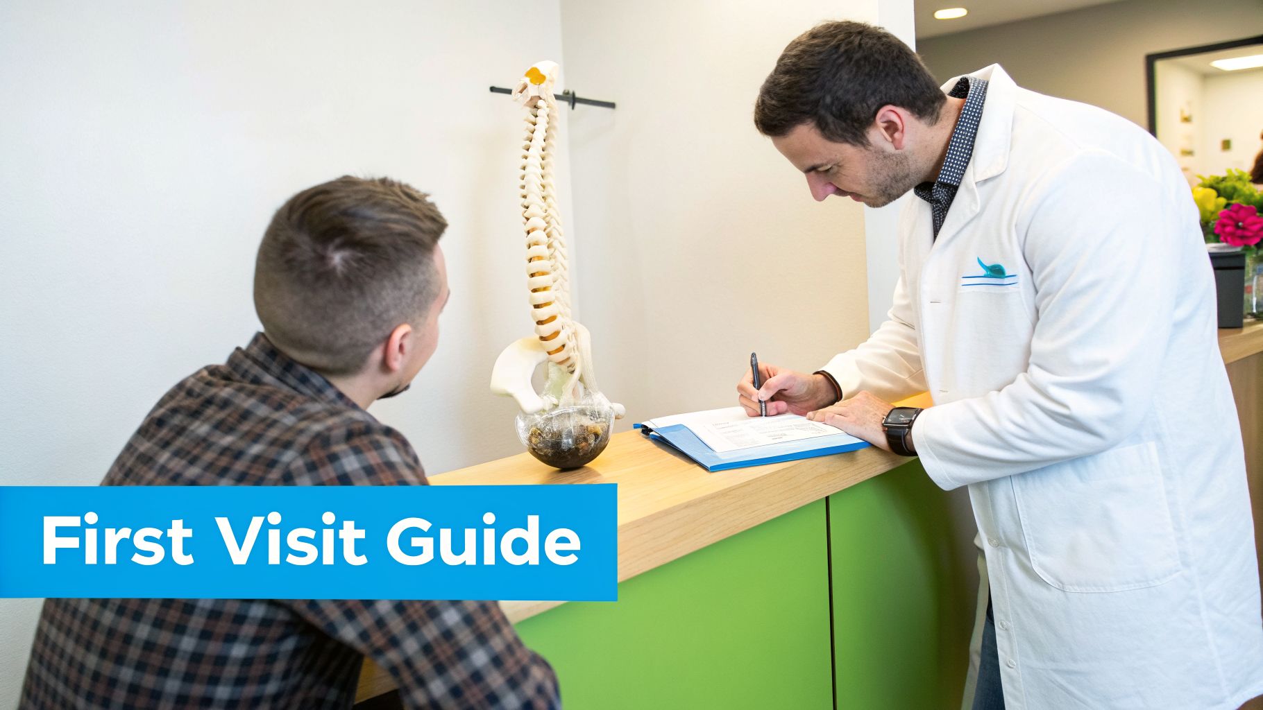 A chiropractor writes on a clipboard for a patient, with a spine model between them on the counter.