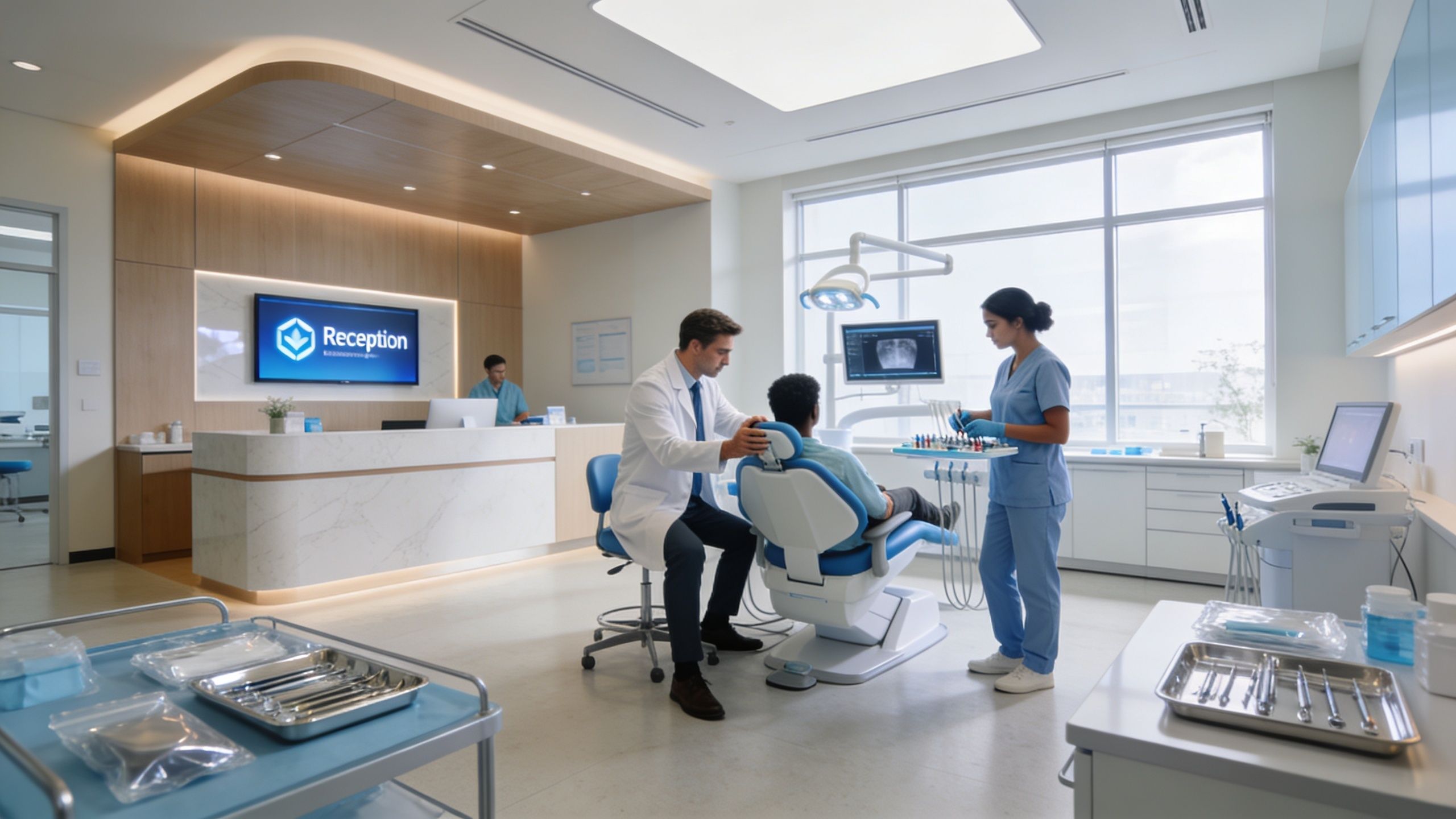A professional dentist consults with a patient in a modern, well-equipped Lakehouse Texas dental clinic office.