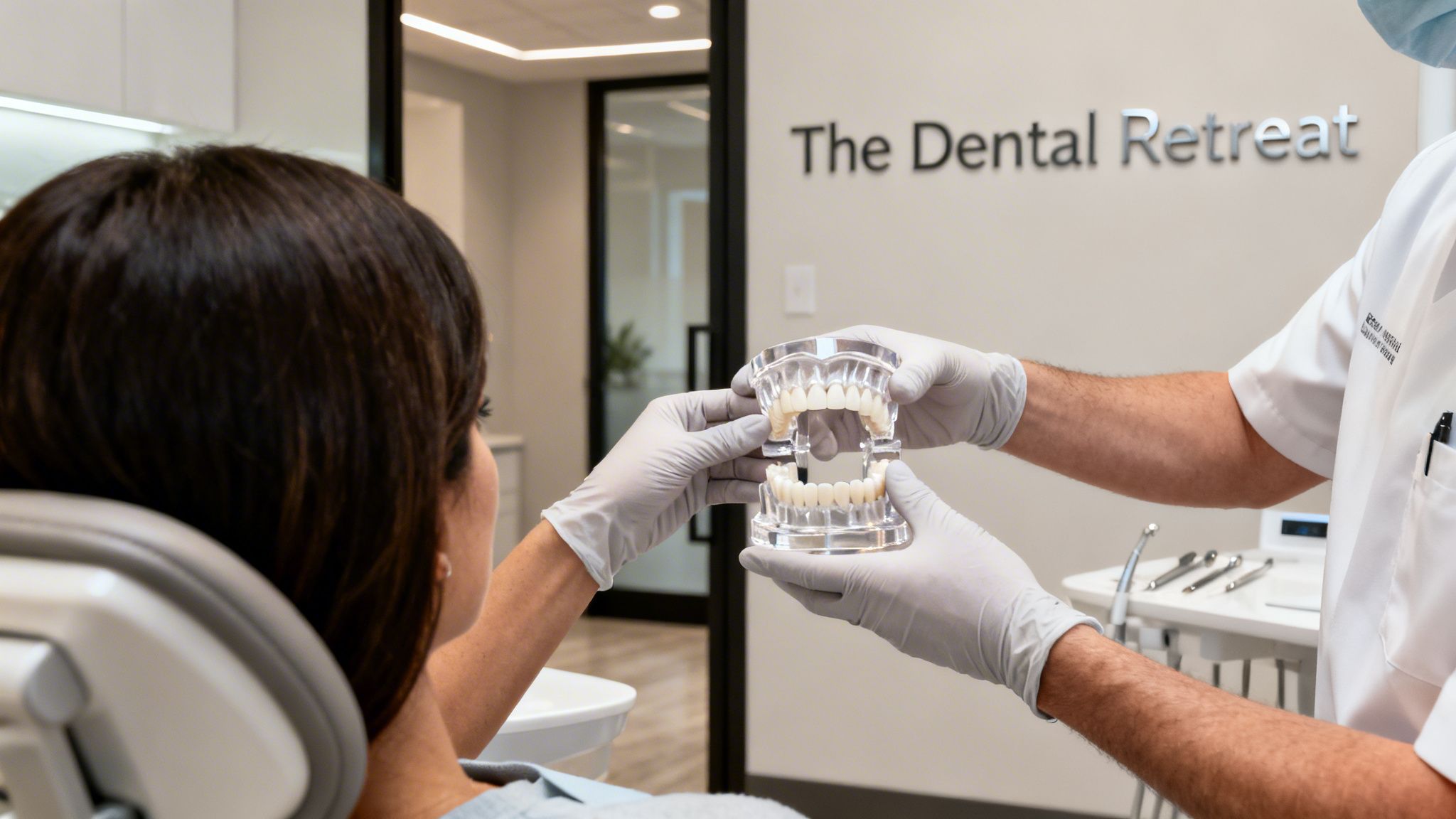 A dentist shows a dental implant model to a patient in a modern dental office setting.
