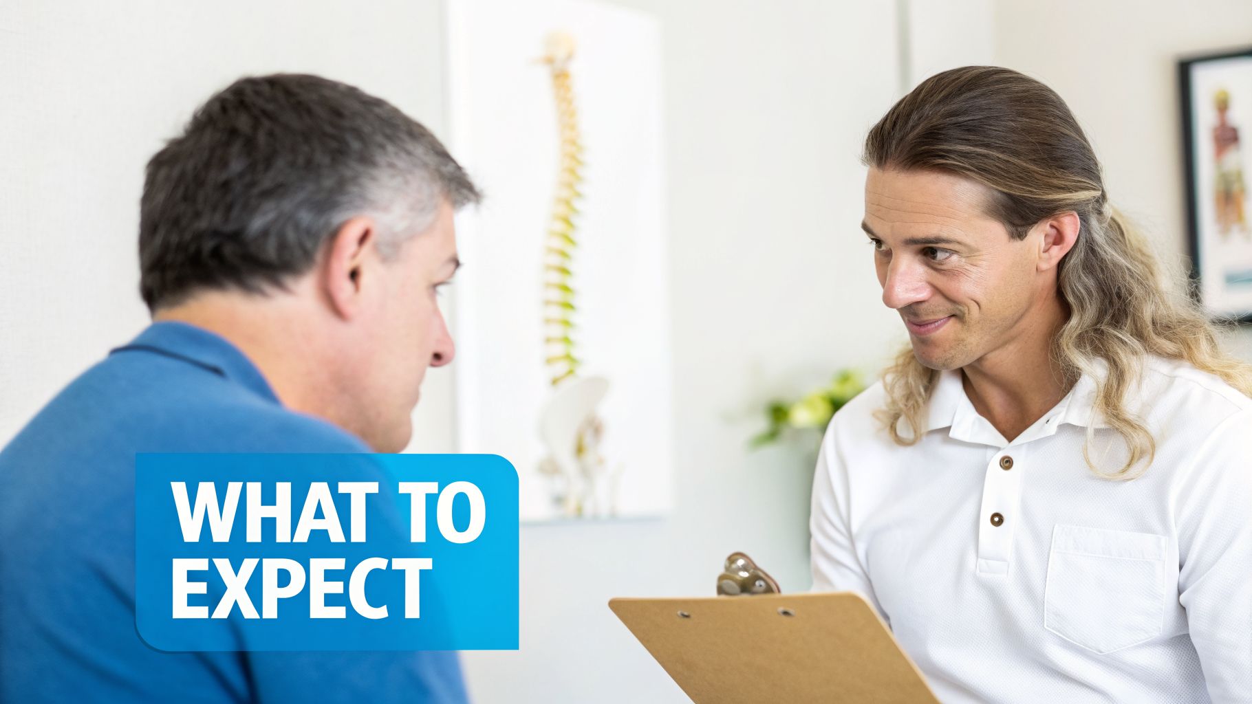 A chiropractor discusses with a male patient, with a spine model and "WHAT TO EXPECT" text.