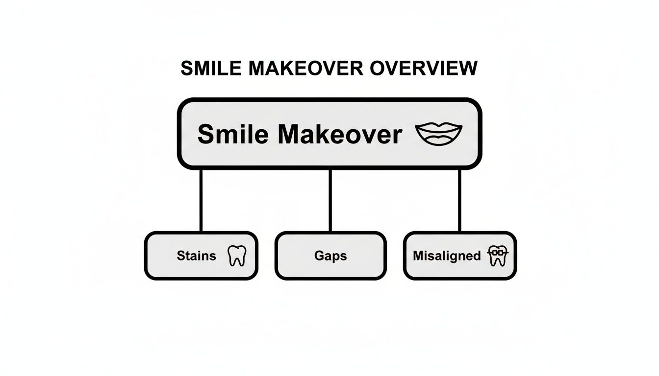 A diagram outlining a smile makeover, addressing common dental issues like stains, gaps, and misaligned teeth.