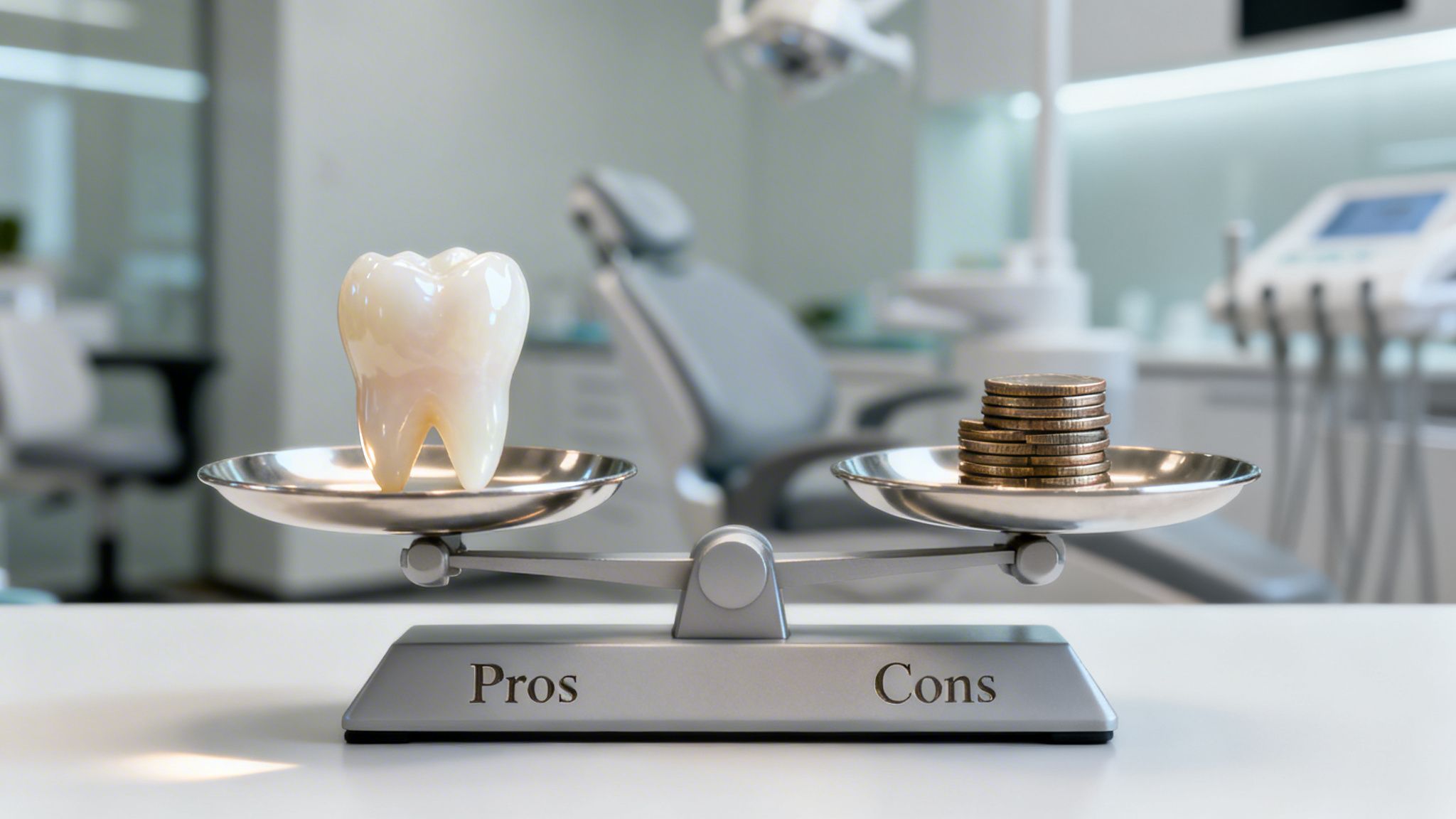 A balance scale with a tooth on the 'Pros' side and stacked coins on the 'Cons' side, symbolizing dental cost comparison.