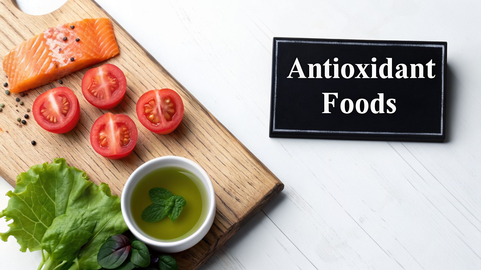 Healthy antioxidant foods like salmon, tomatoes, lettuce, and olive oil on a wooden board.