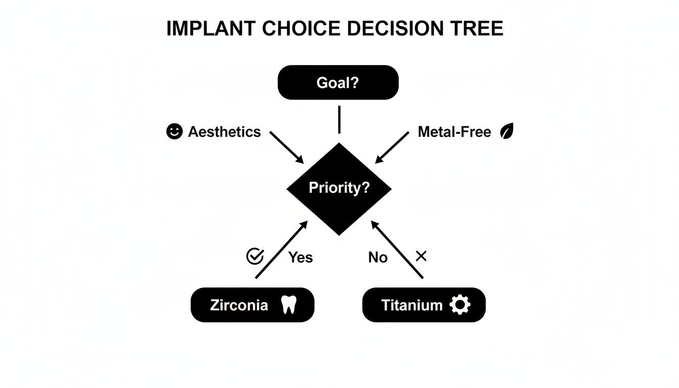 A decision tree flowchart for choosing dental implant materials based on aesthetic and metal-free priorities.