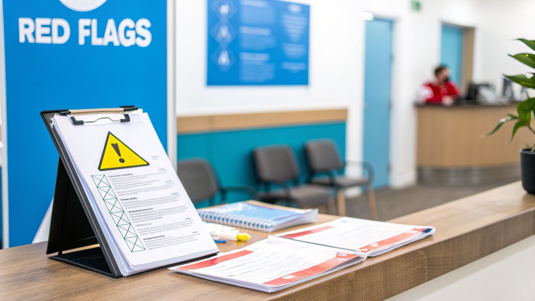 A clinic reception desk featuring a 'RED FLAGS' warning sign and informational documents.