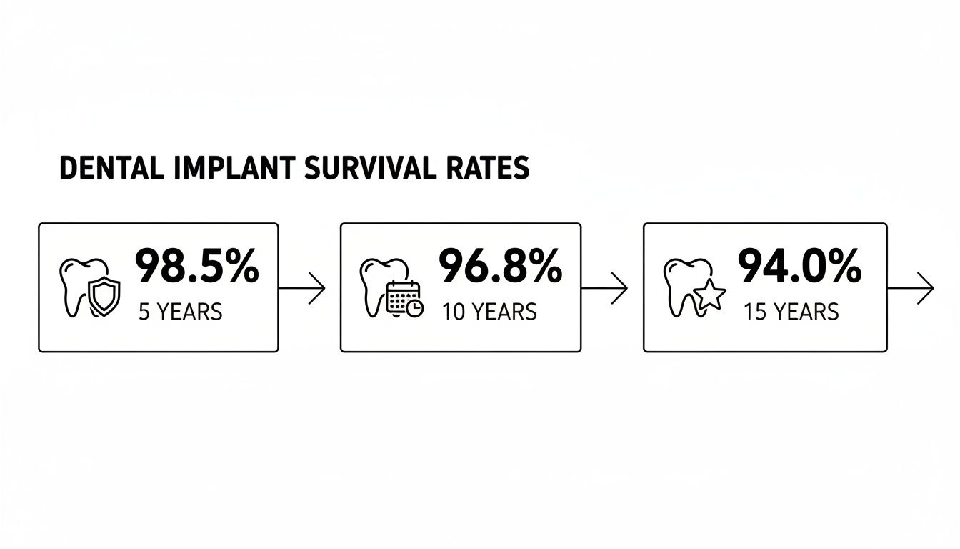 Infographic showing dental implant survival rates: 98.5% at 5 years, 96.8% at 10 years, and 94.0% at 15 years.
