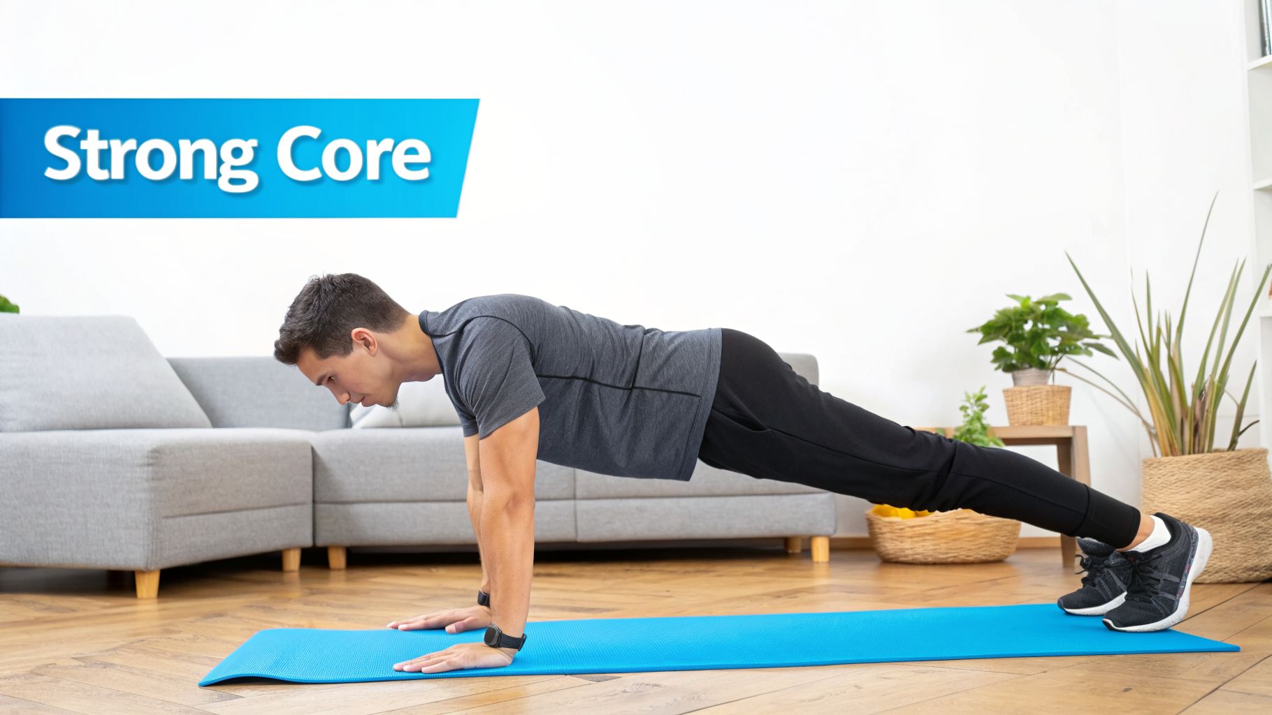 A man performs a plank exercise on a blue mat, emphasizing core strength in a home setting.
