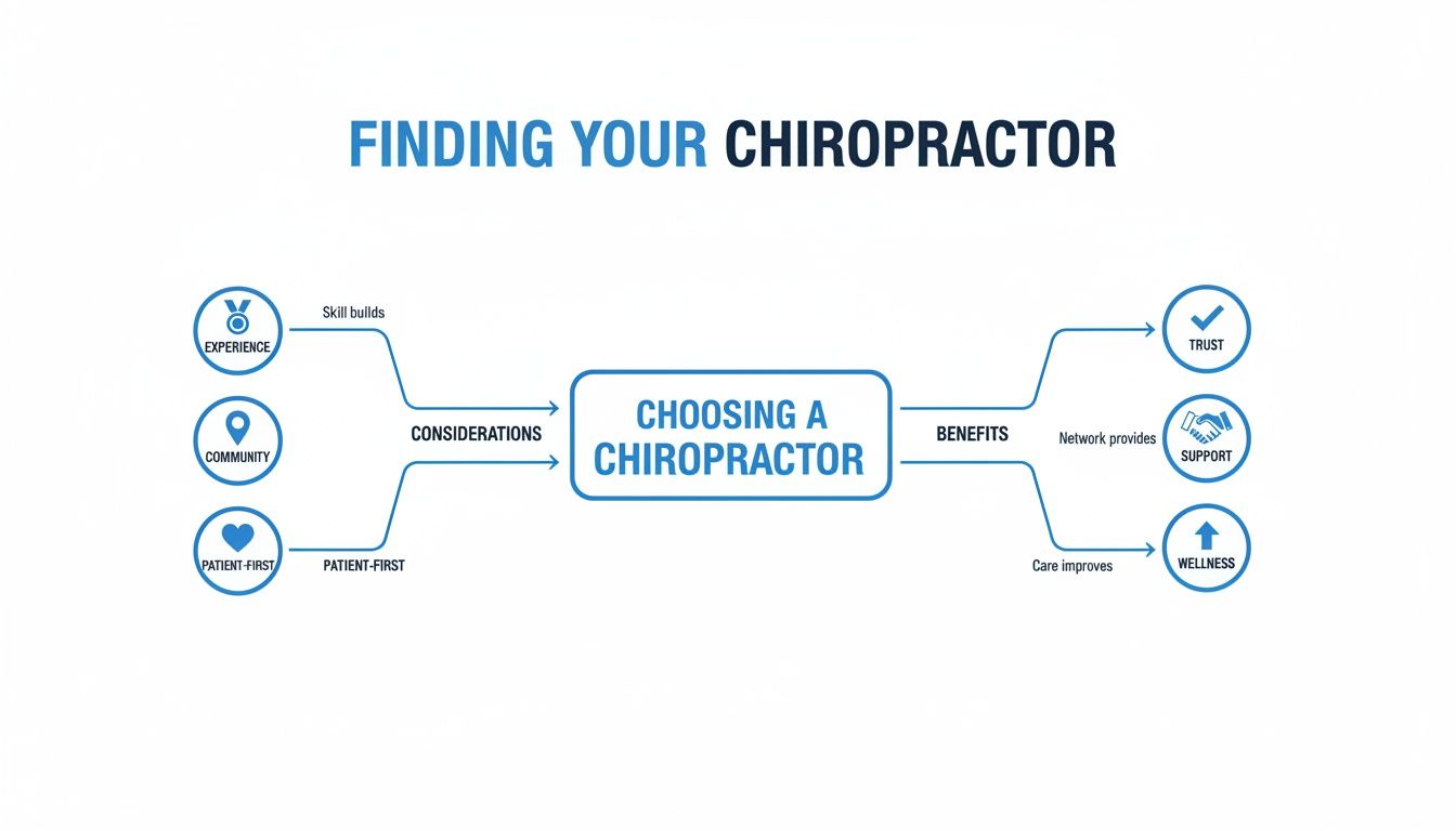Flowchart: key considerations for choosing a chiropractor, emphasizing experience, patient-first care, trust, support, and wellness.