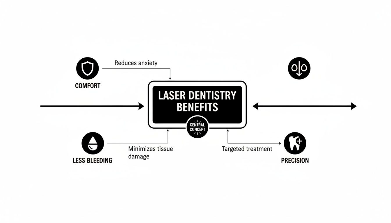 Infographic showing laser dentistry benefits: comfort (reduces anxiety), less bleeding (minimizes tissue damage), and precision (targeted treatment).