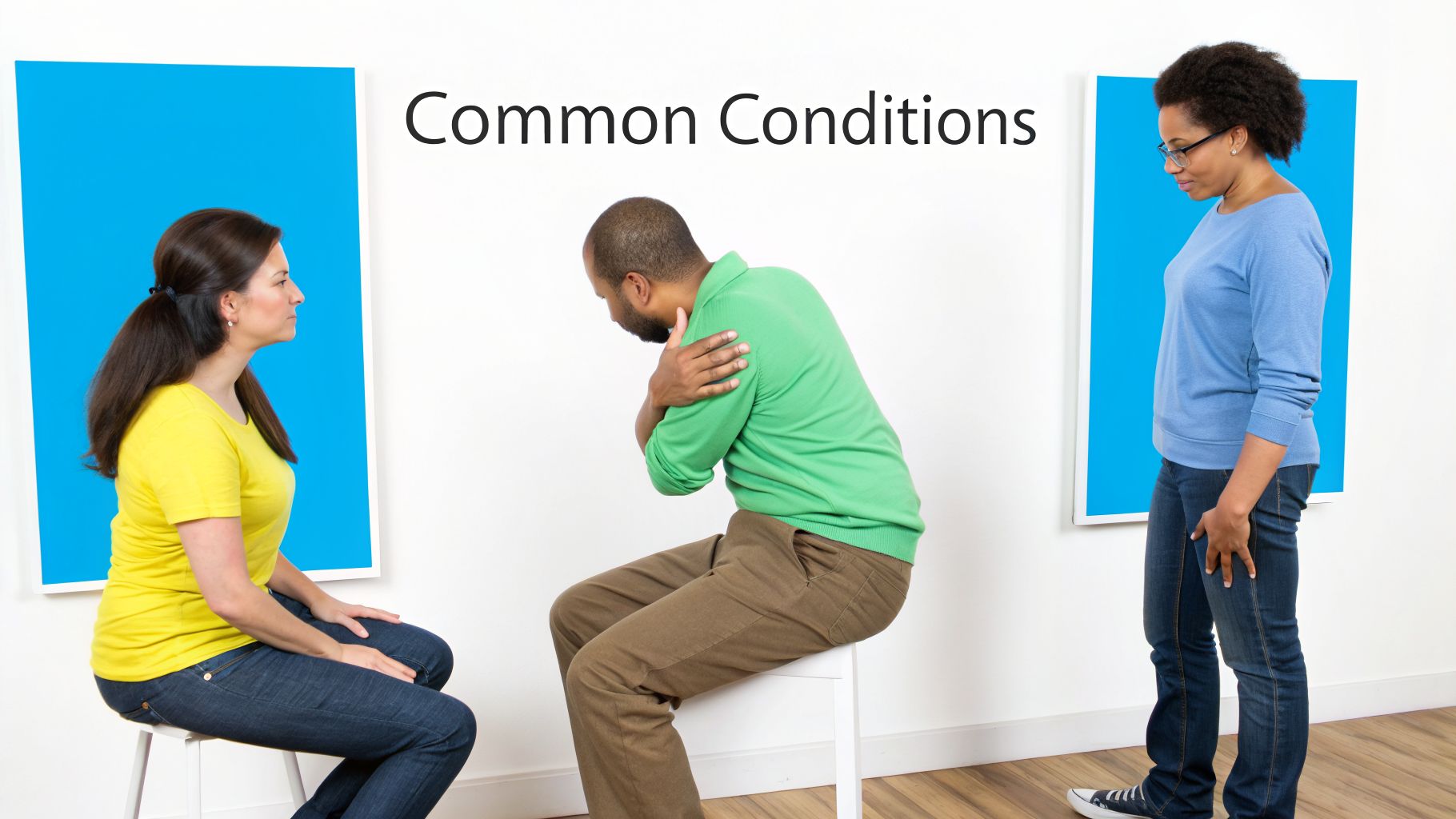 Three diverse individuals representing common health conditions, including a man experiencing shoulder pain.