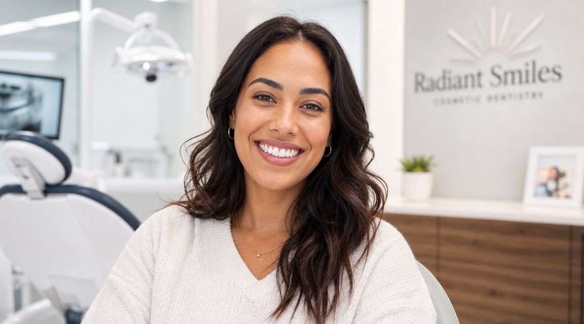 A smiling woman with bright, perfectly aligned white teeth sitting in a modern cosmetic dentistry office.