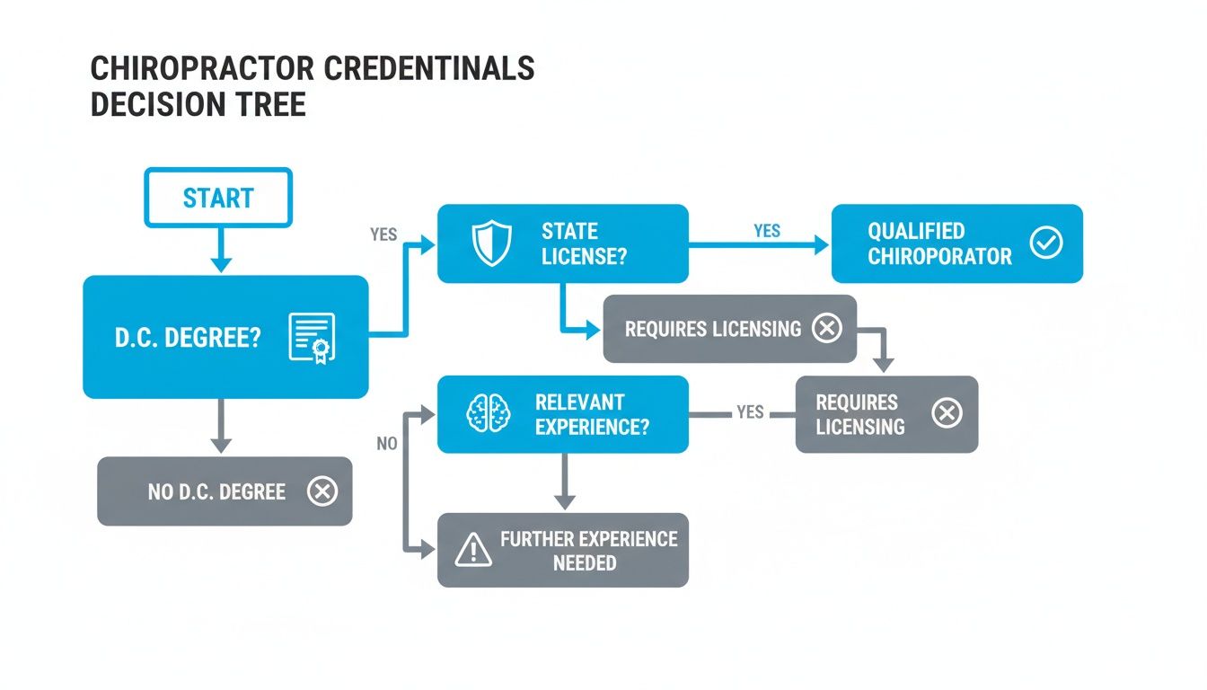 A decision tree flowchart illustrating the steps to determine if someone is a qualified chiropractor, based on D.C. degree, state license, and relevant experience.