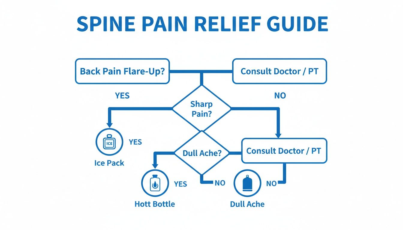 Flowchart guide for spine pain relief, advising ice for sharp pain, hot for dull ache, and consulting a doctor for other cases.
