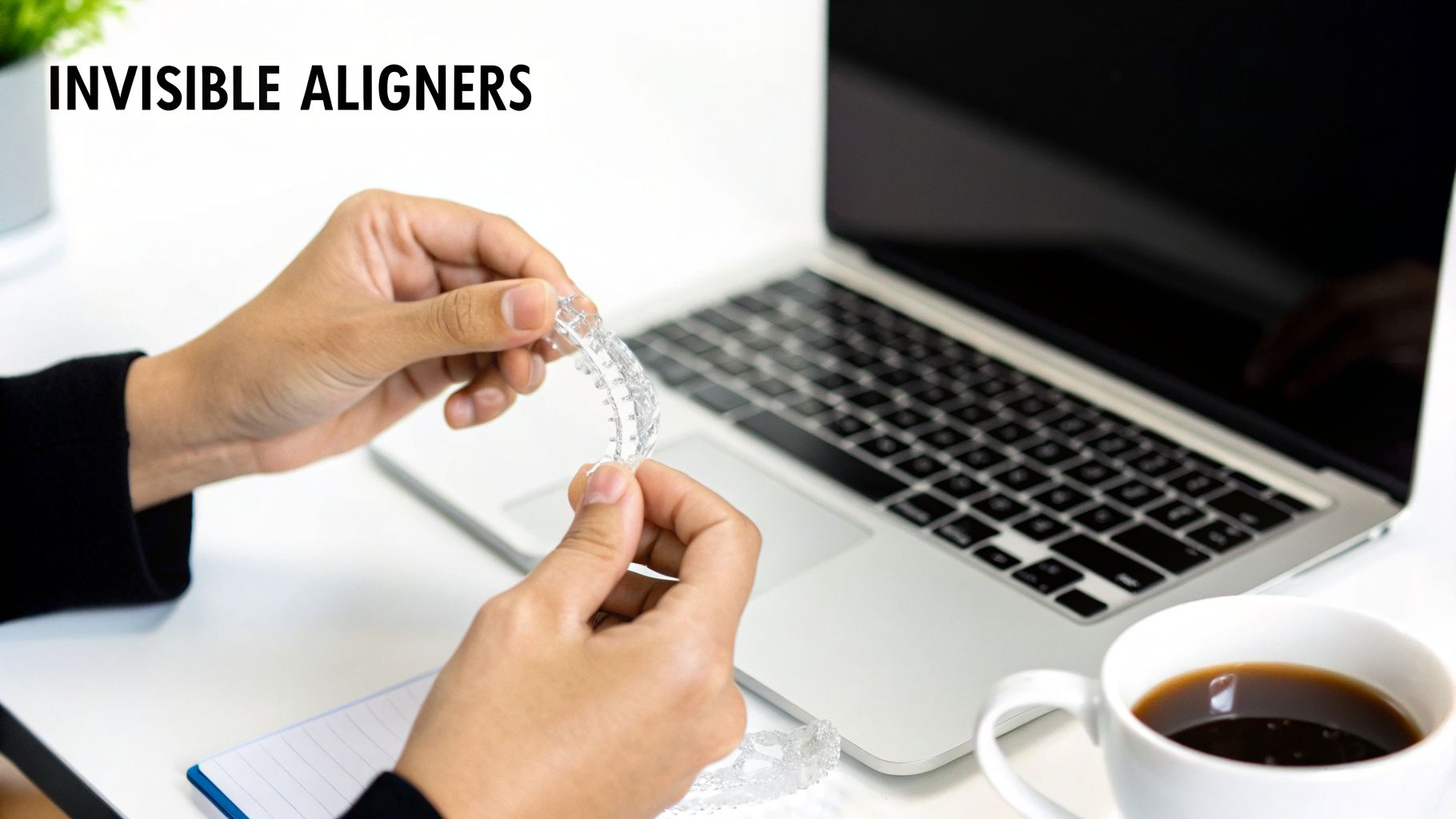 Hands hold clear invisible aligners near a laptop, coffee, and notebook on a white desk.