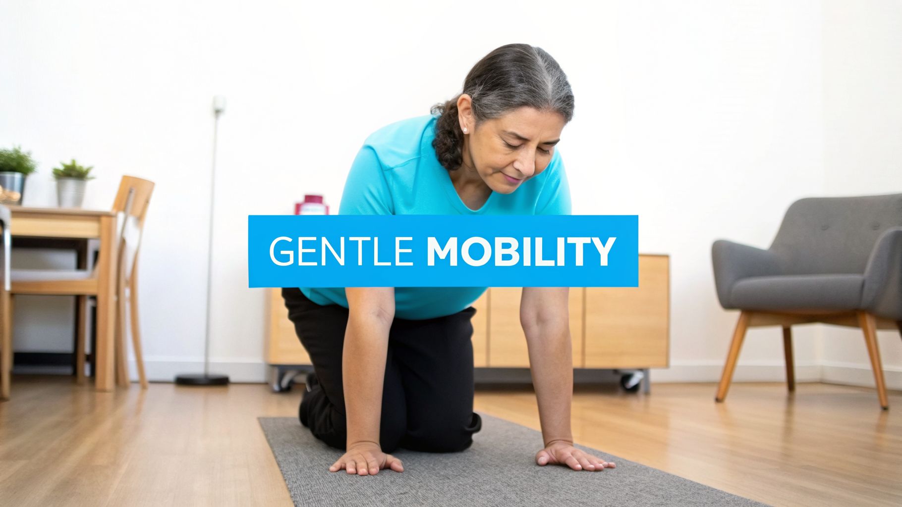 An older woman on a mat performing a gentle mobility exercise at home, with a 'GENTLE MOBILITY' banner.