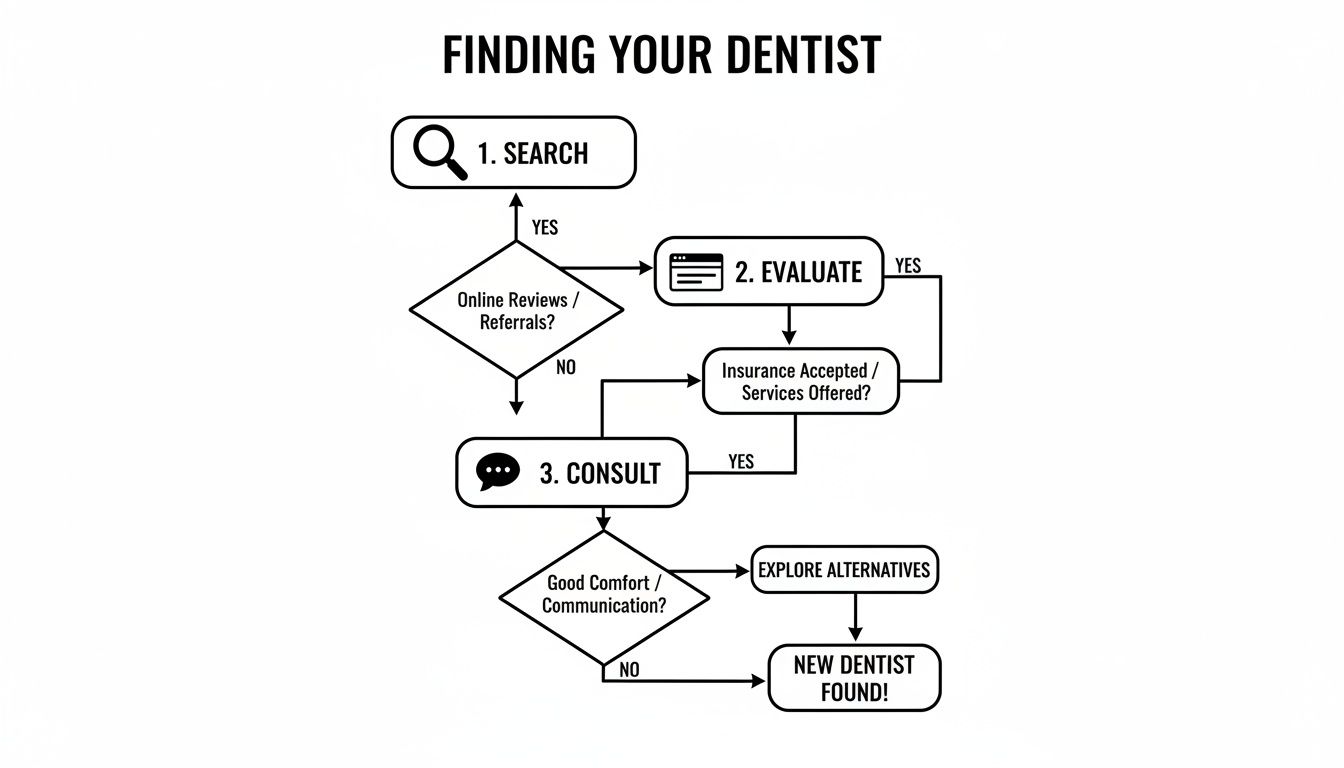 A flowchart titled 'Finding Your Dentist' outlining steps from search and evaluation to consultation.