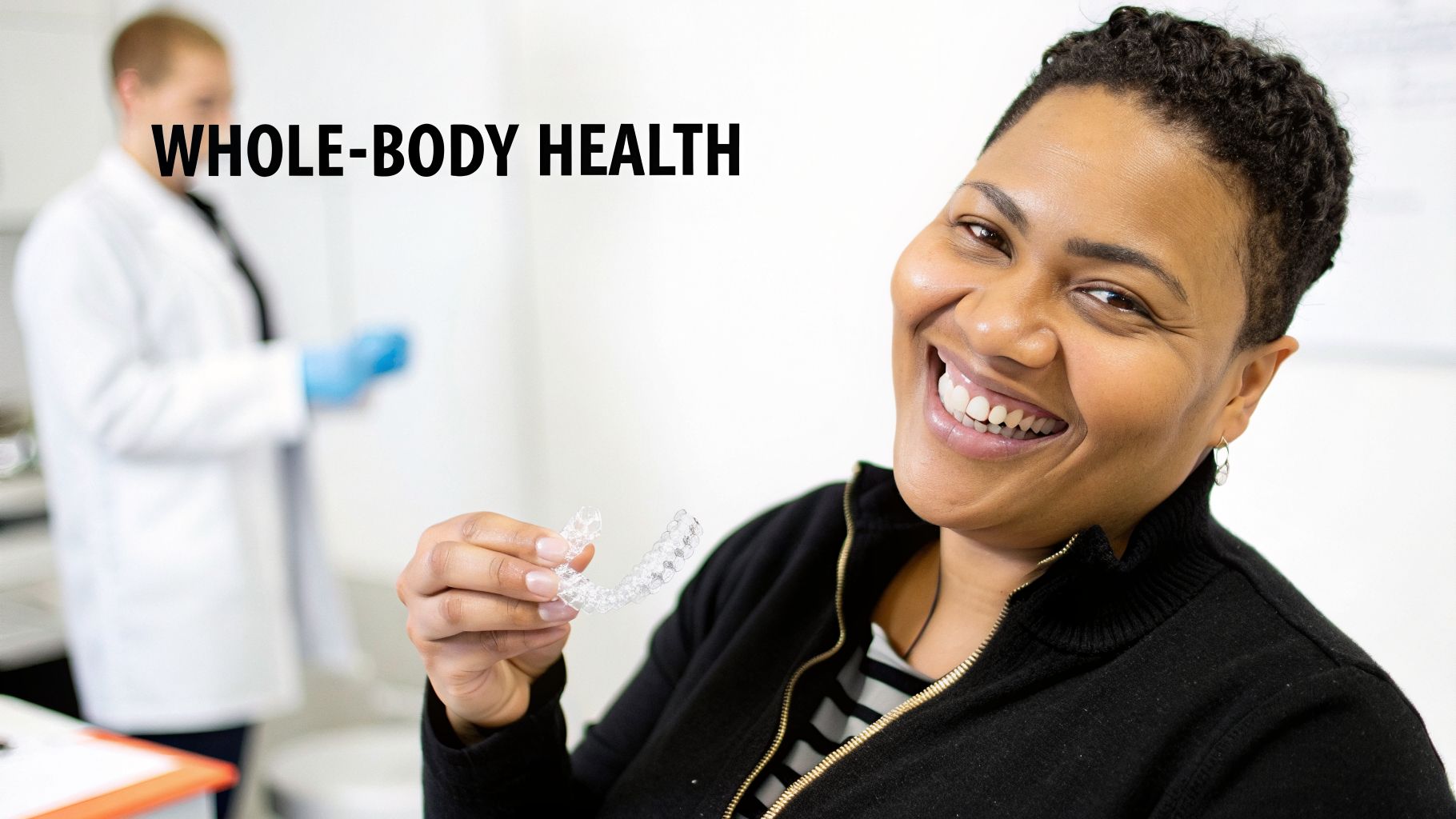 A smiling woman in a dental office holds clear aligners, promoting whole-body health.