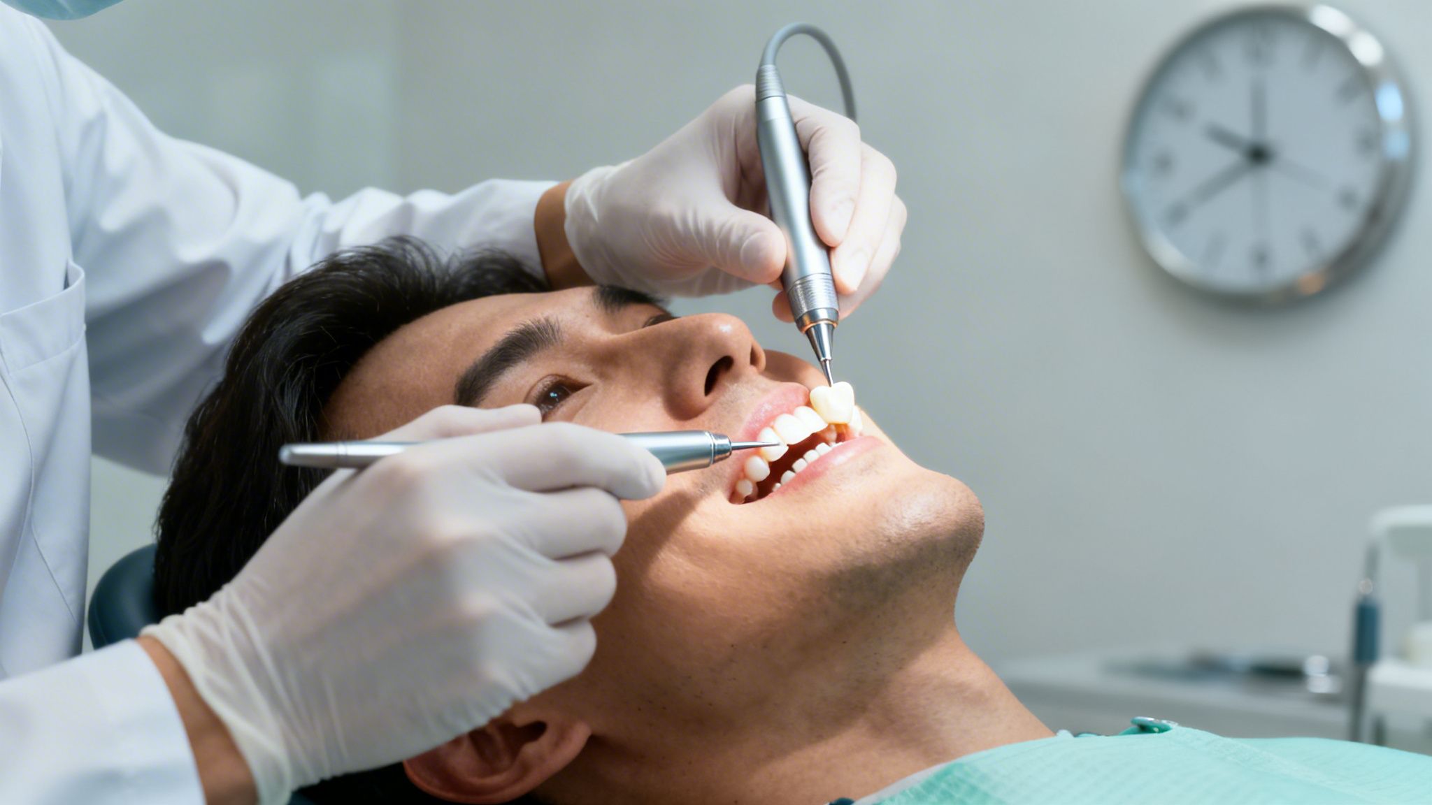 A dentist wearing gloves performs a dental procedure on a male patient's open mouth with specialized tools.
