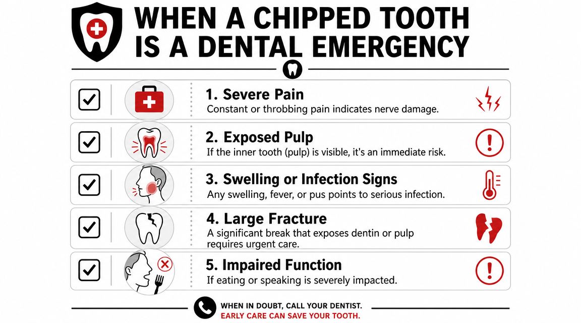 An infographic titled When a Chipped Tooth Is a Dental Emergency listing five common signs and symptoms.