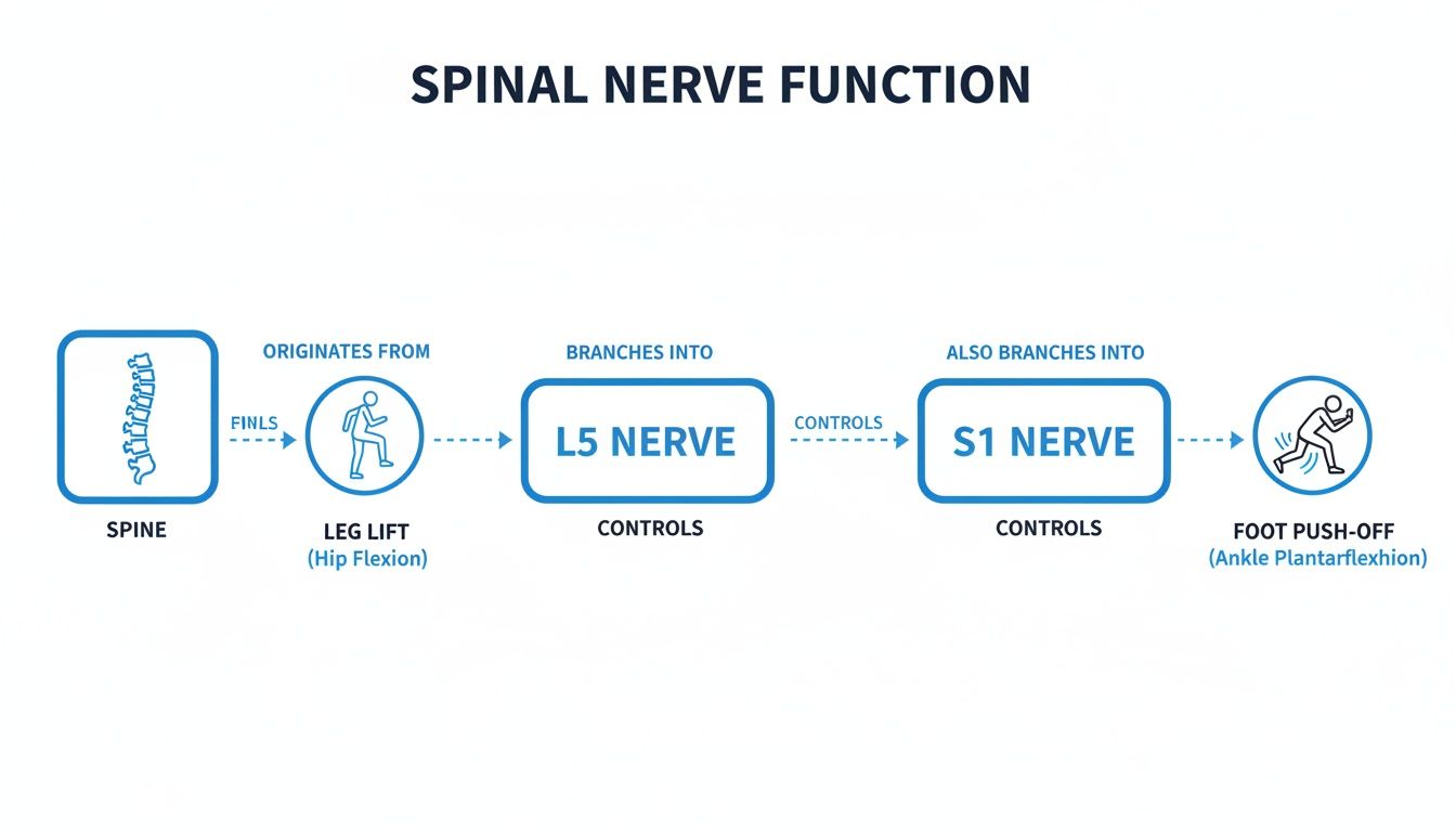 Diagram illustrating spinal nerve function, showing connections from the spine to L5 and S1 nerves and their controlled movements.