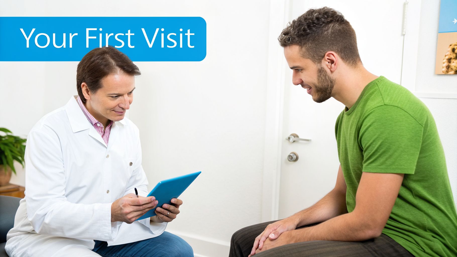 A male doctor in a white coat consults with a smiling male patient during their first visit.