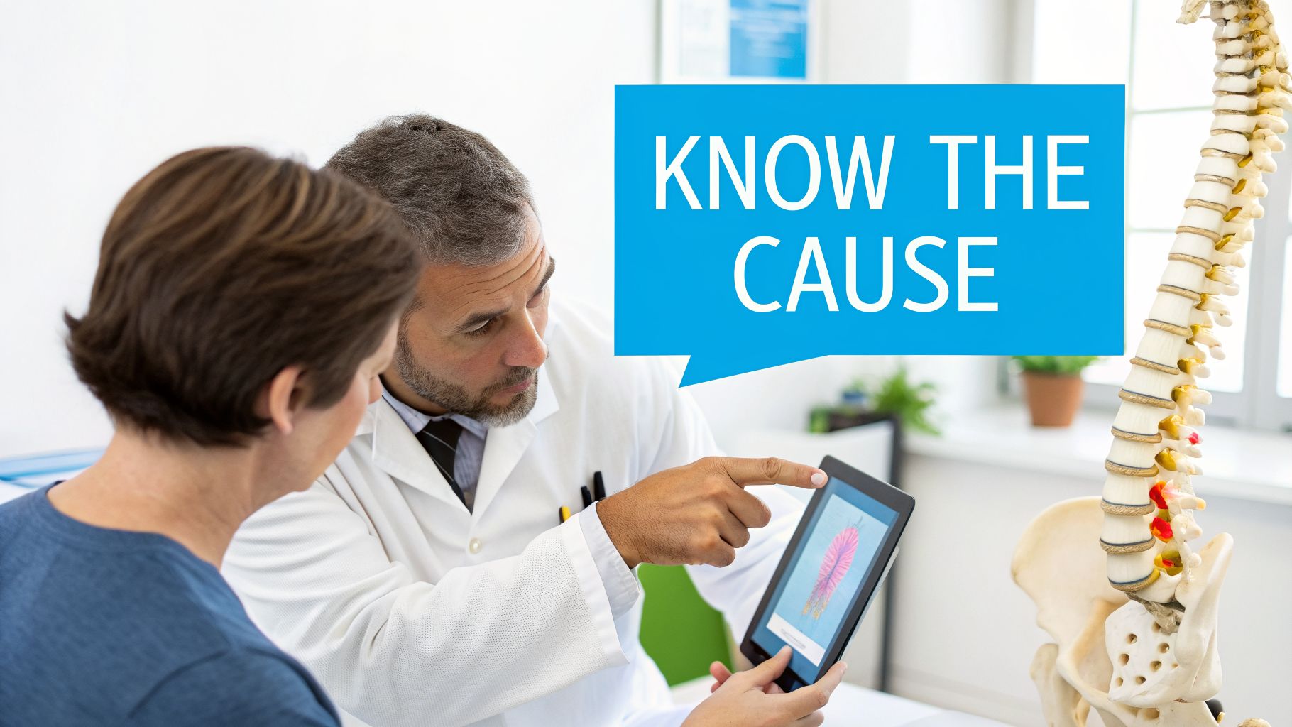 A doctor uses a tablet and a spine model to explain a condition to a patient, with text 'KNOW THE CAUSE'.