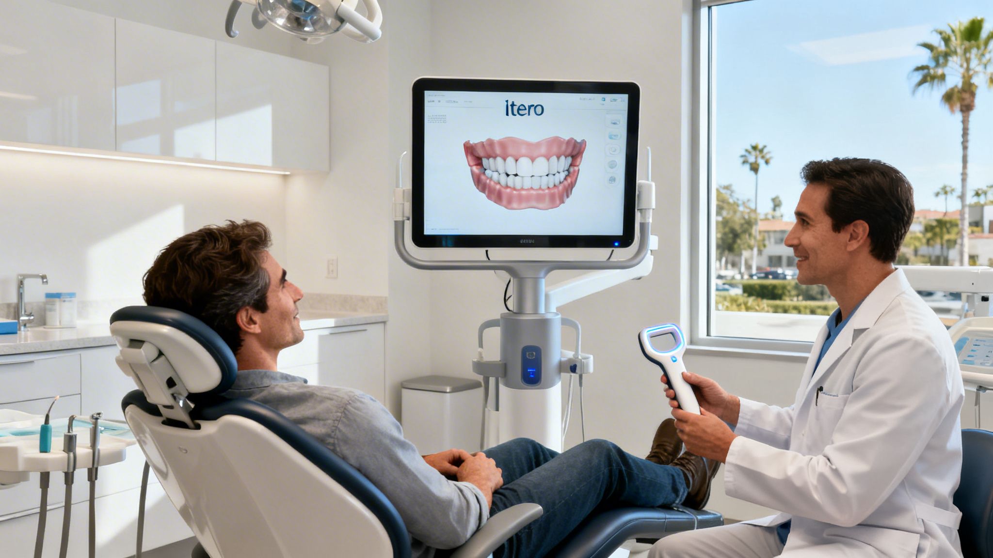 A dentist scans a patient's teeth with a digital scanner in a modern dental office.
