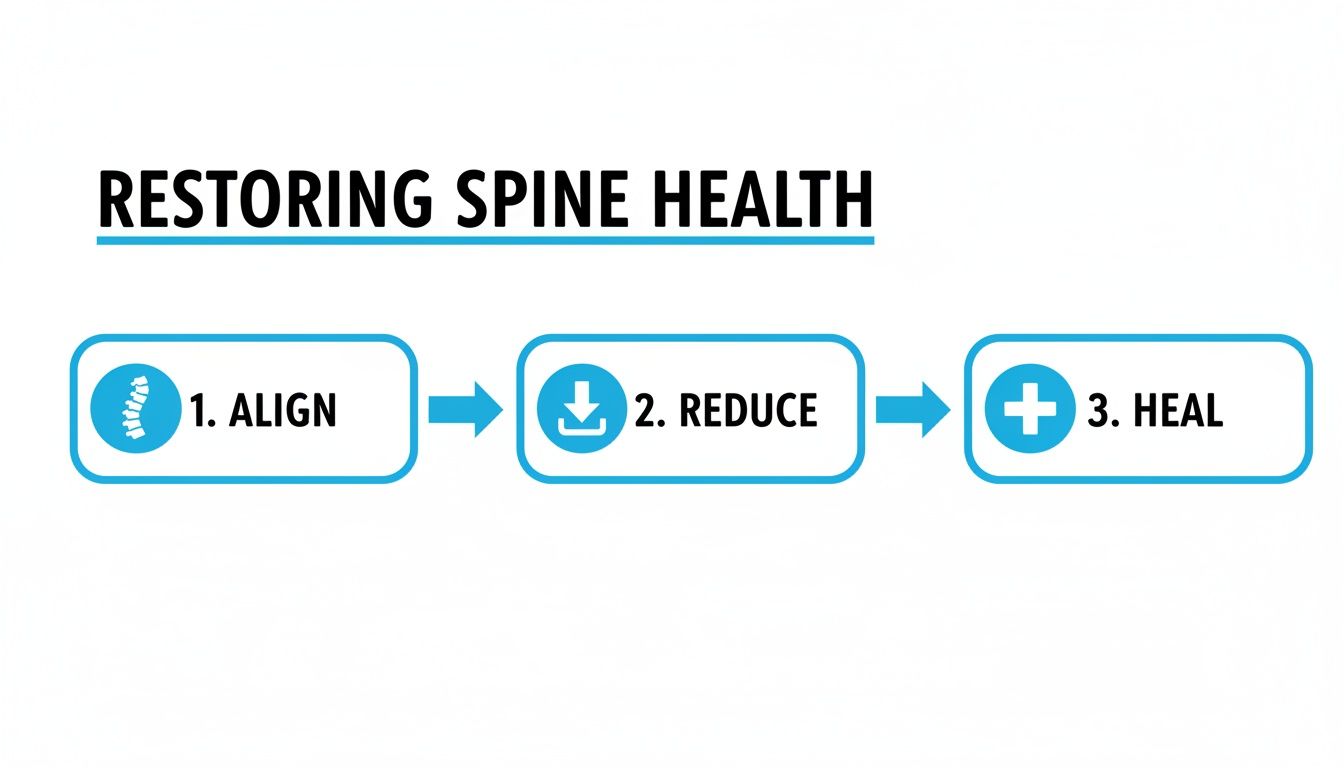 Flowchart outlining three steps for restoring spine health: 1. Align, 2. Reduce, 3. Heal.