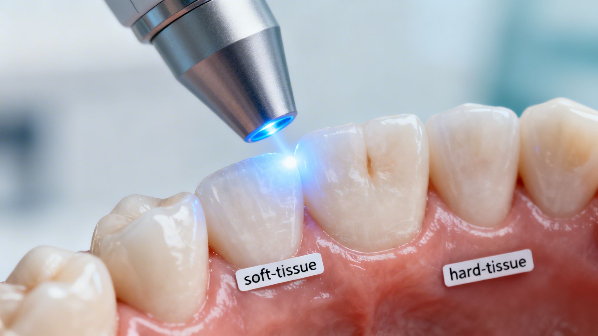Close-up of a dental laser emitting blue light onto a tooth, highlighting soft and hard tissue areas.