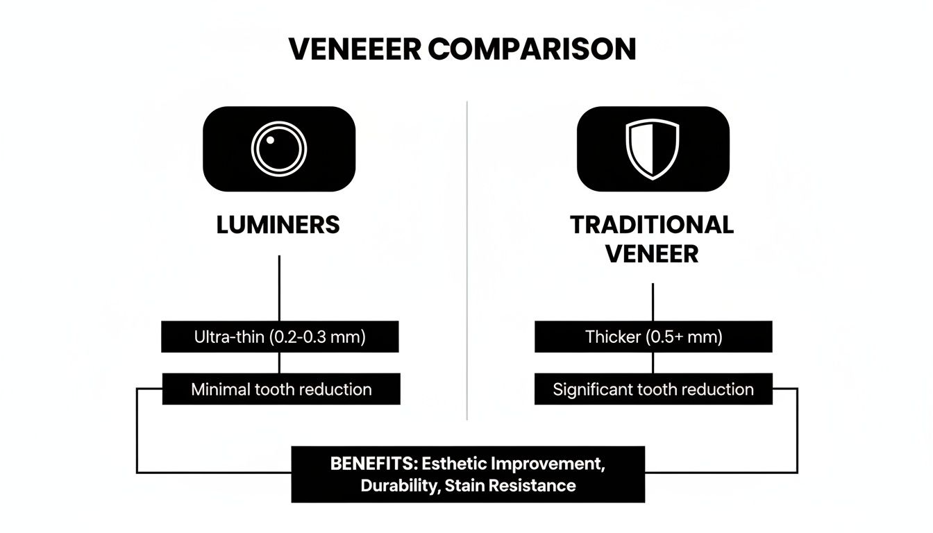 A detailed comparison of Lumineers and Traditional Veneers, showing their differences in thickness and tooth reduction, and shared benefits.