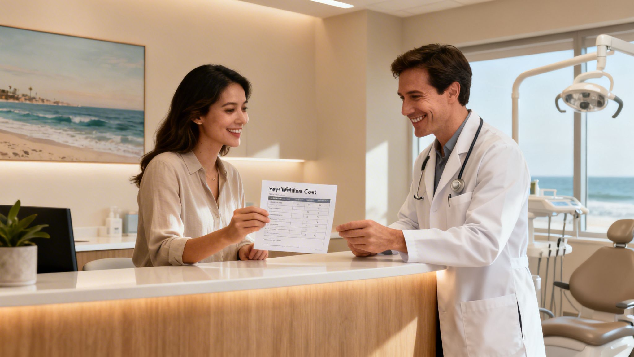 A smiling female patient discusses teeth whitening costs with a male dentist at a modern dental office.