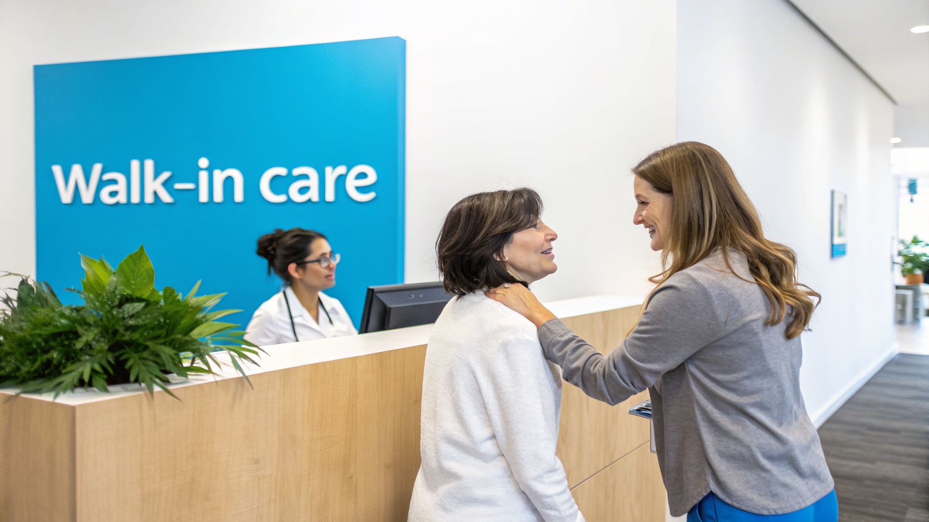 Two smiling women interact at a modern walk-in clinic reception with a staff member.