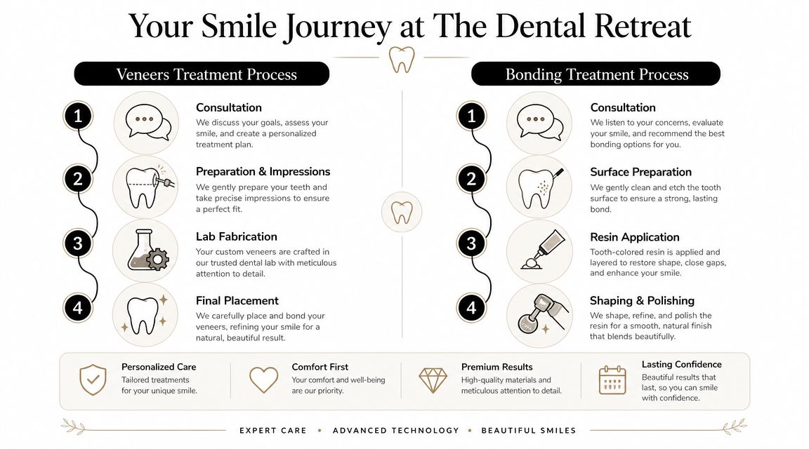 An infographic detailing the treatment process for dental veneers and dental bonding at The Dental Retreat clinic.