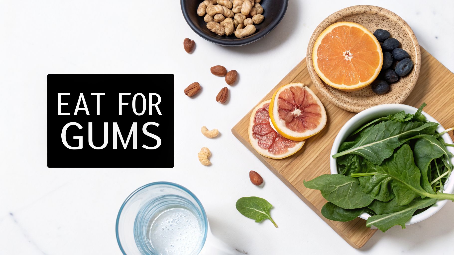 Seven Oaks - Dentistry & Sleep Medicine | How to Maintain Healthy Gums: A Guide from Your Wesley Chapel Dentist A flat lay of various healthy foods like nuts, citrus fruits, blueberries, and leafy greens, next to text 'EAT FOR GUMS'.