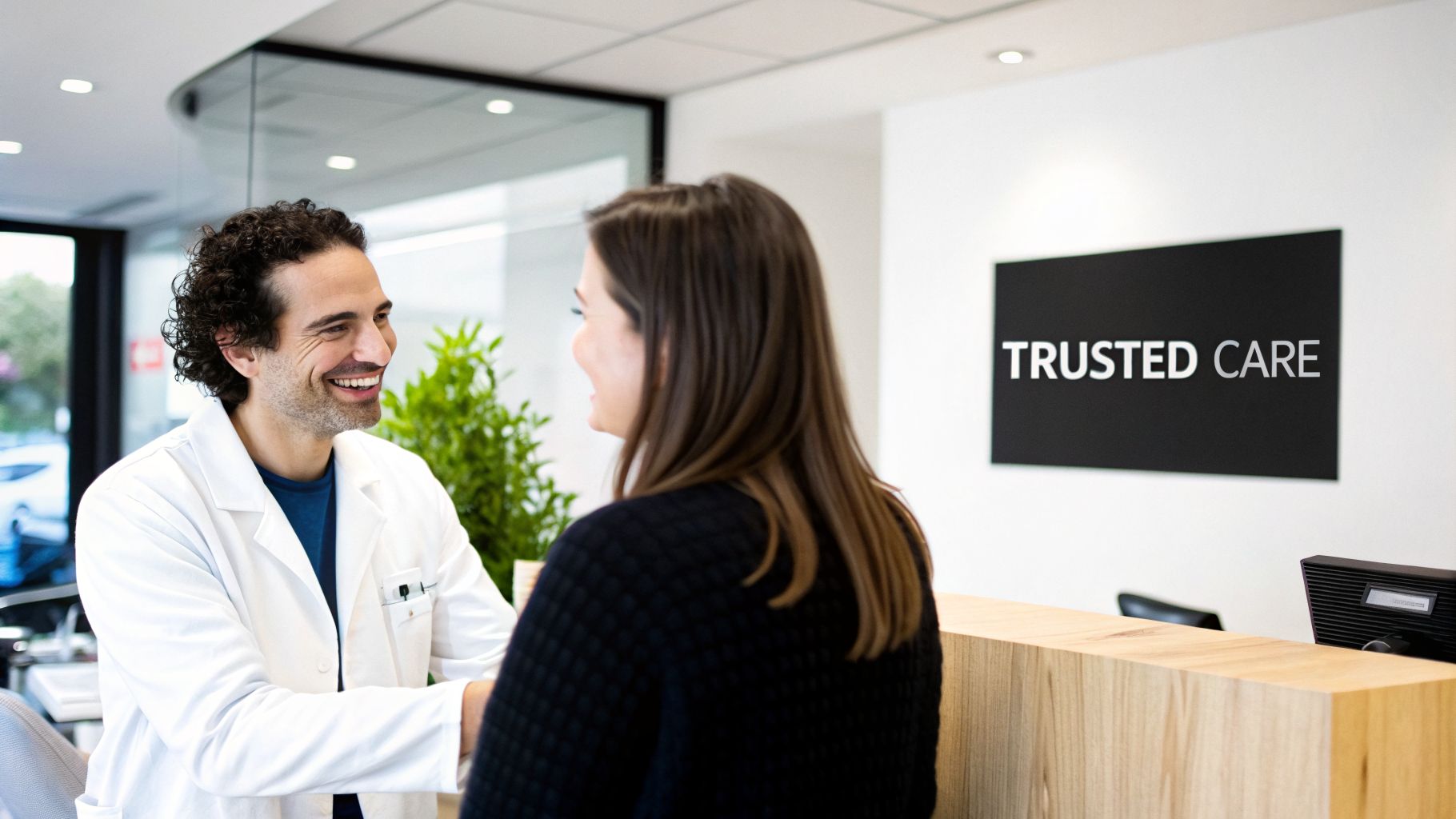 Smiling doctor in a white coat interacting with a patient at a modern medical clinic reception with a 'Trusted Care' sign.