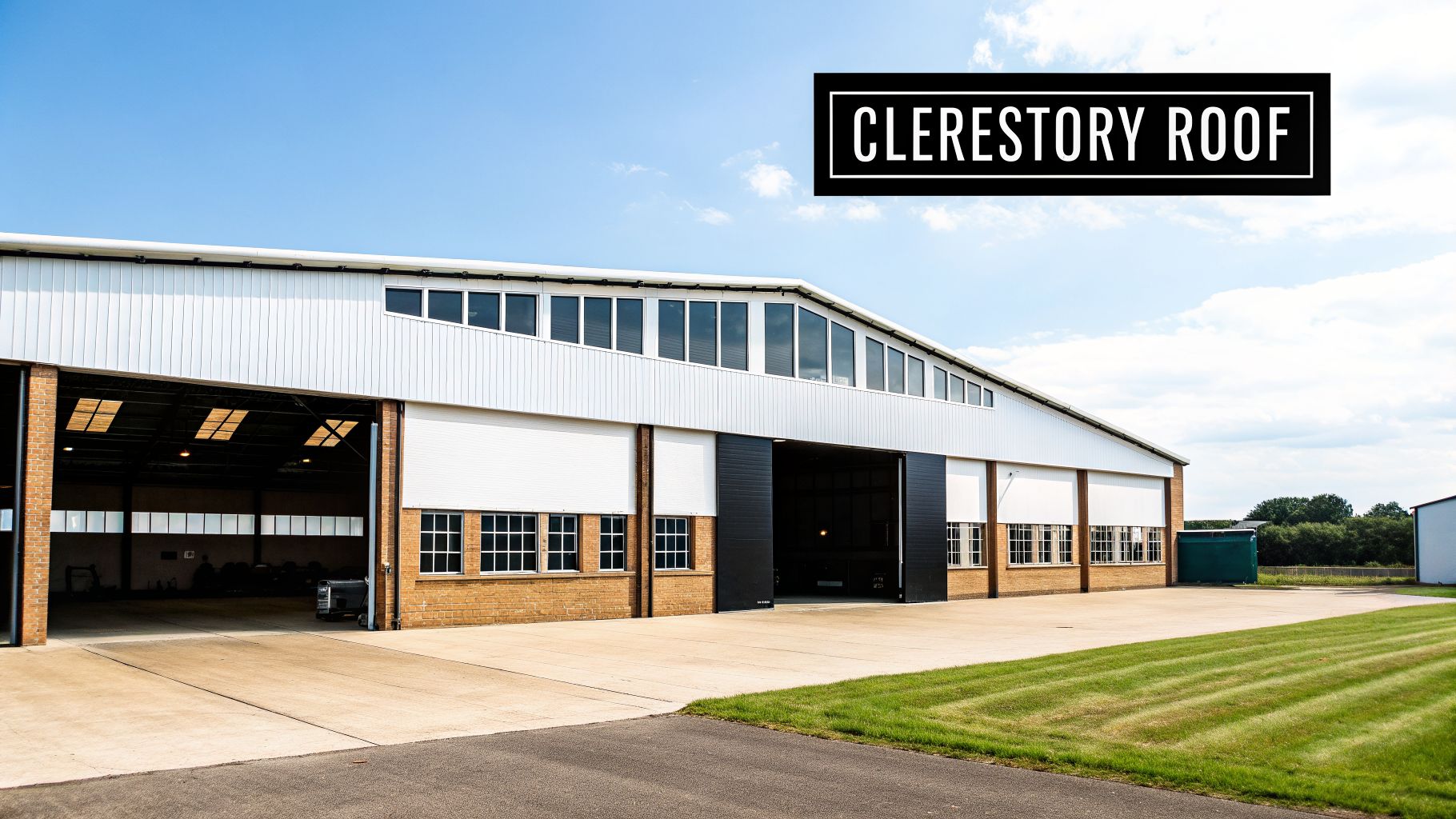 Large white industrial building with a distinctive clerestory roof featuring many windows.