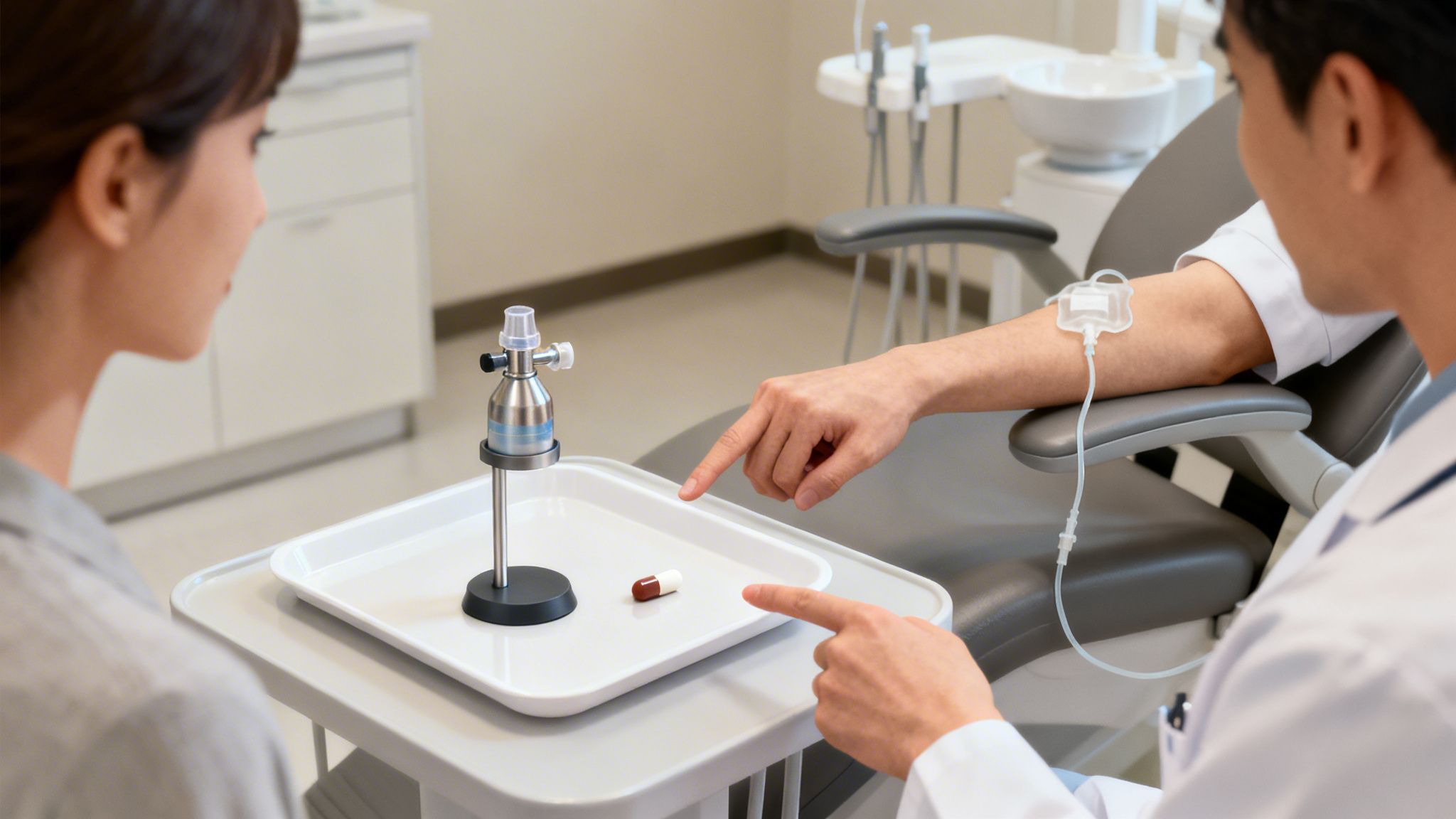 A doctor points at a pill on a tray, explaining treatment options to a patient in a clinic.