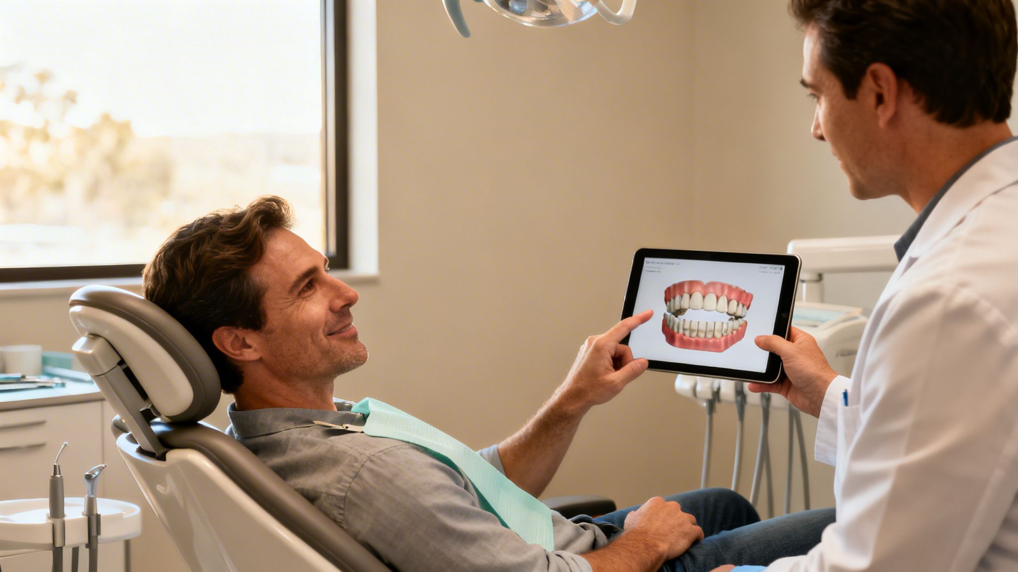 Dentist showing a patient a 3D dental model on a tablet in a modern clinic.