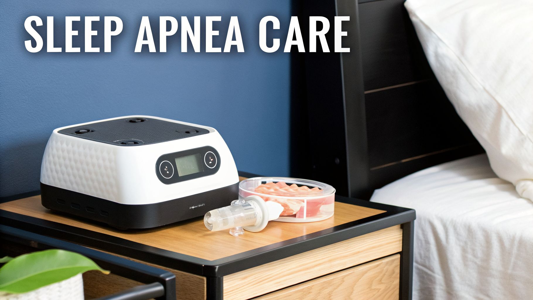A modern sleep apnea machine sits on a wooden bedside table next to a bed.