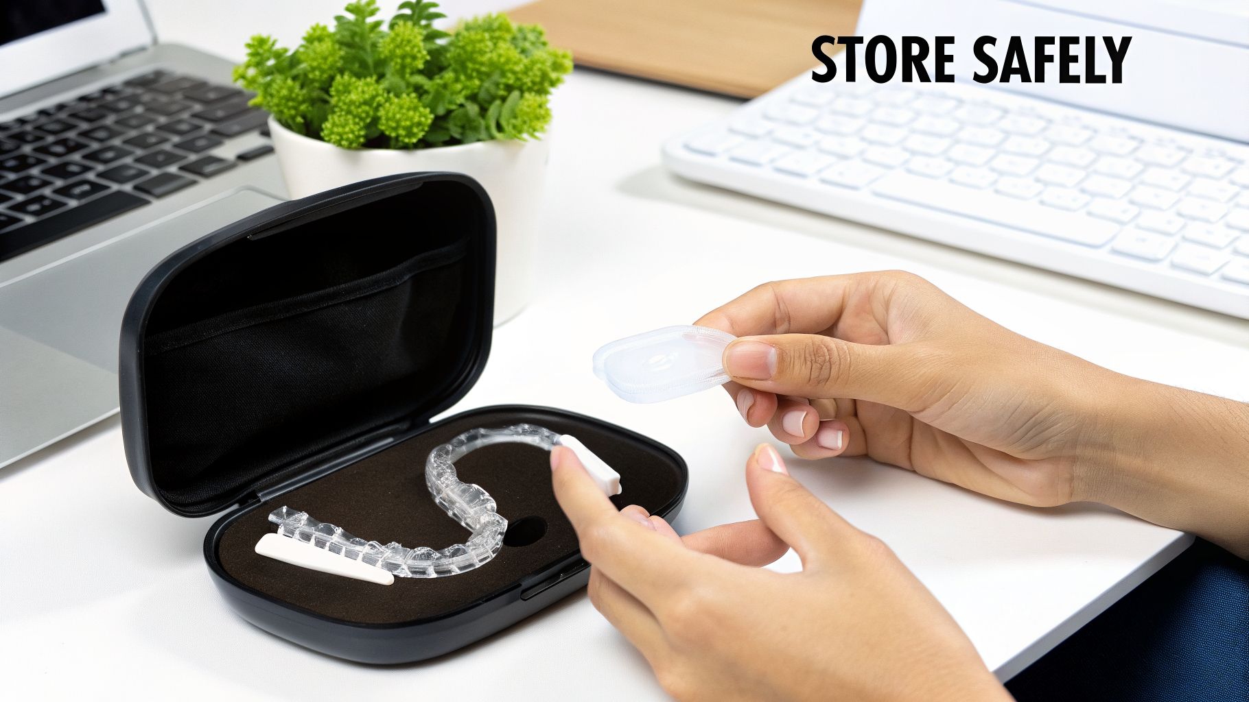 Hands storing a clear dental aligner and a white tab safely in a protective black case on a desk.