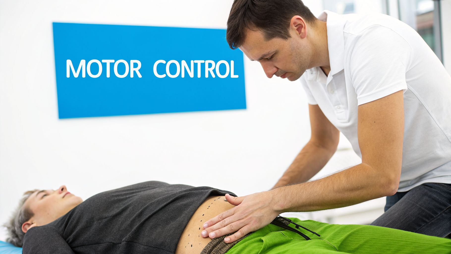A physiotherapist guides a patient through motor control exercises for core stability, focusing on abdominal muscles.