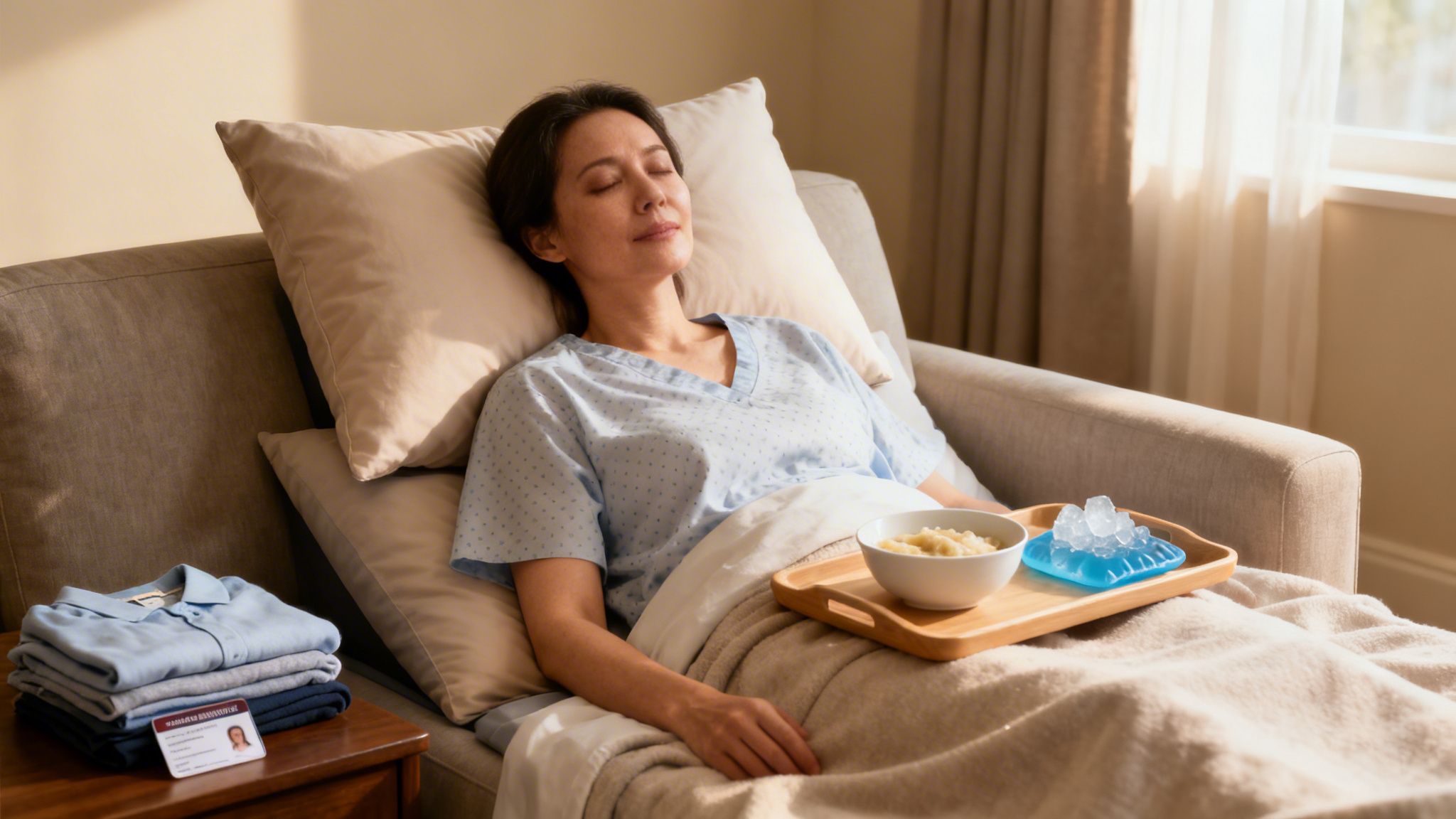 Patient woman recovering on a sofa, with a meal tray and ice pack, and clothes nearby.