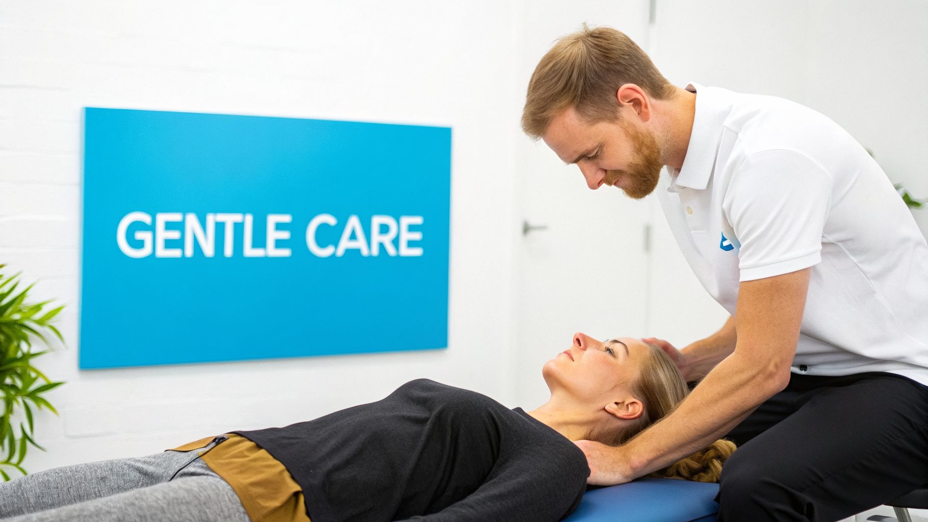 A male practitioner gently adjusts a female patient's neck on an examination table, under a "GENTLE CARE" sign.