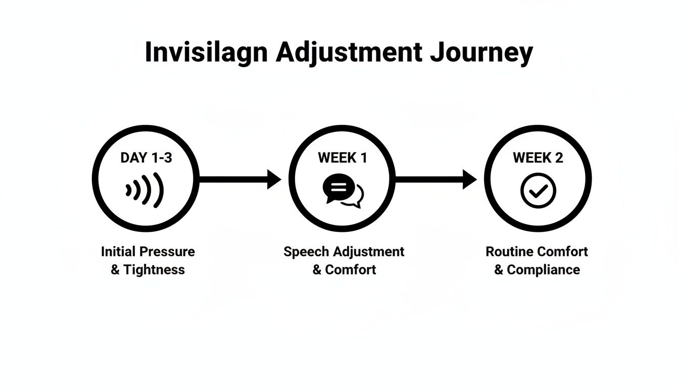 A three-stage timeline illustrating the Invisalign adjustment journey, covering initial pressure, speech, and routine comfort.