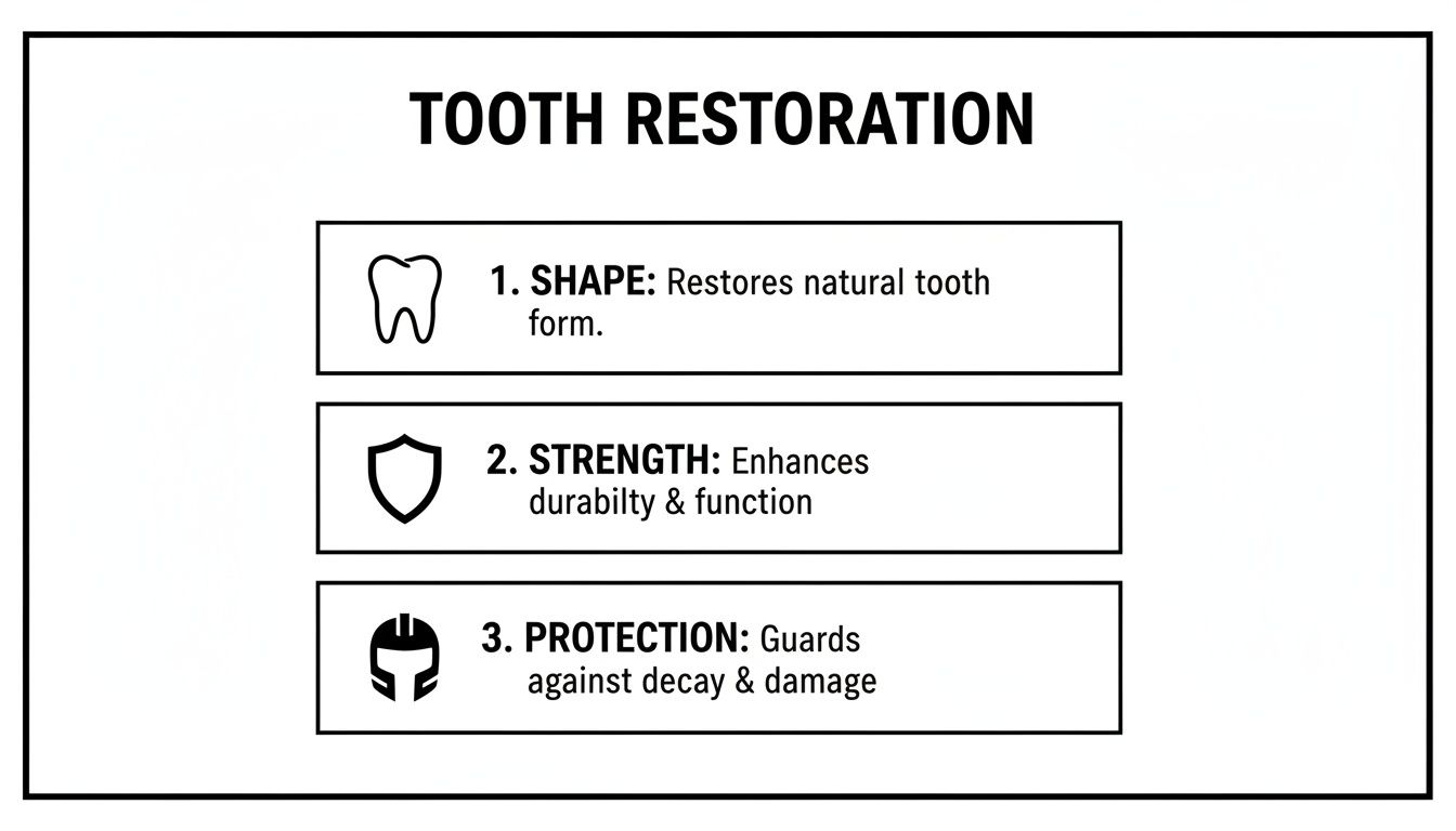 A simple infographic detailing the three key benefits of tooth restoration: shape, strength, and protection.